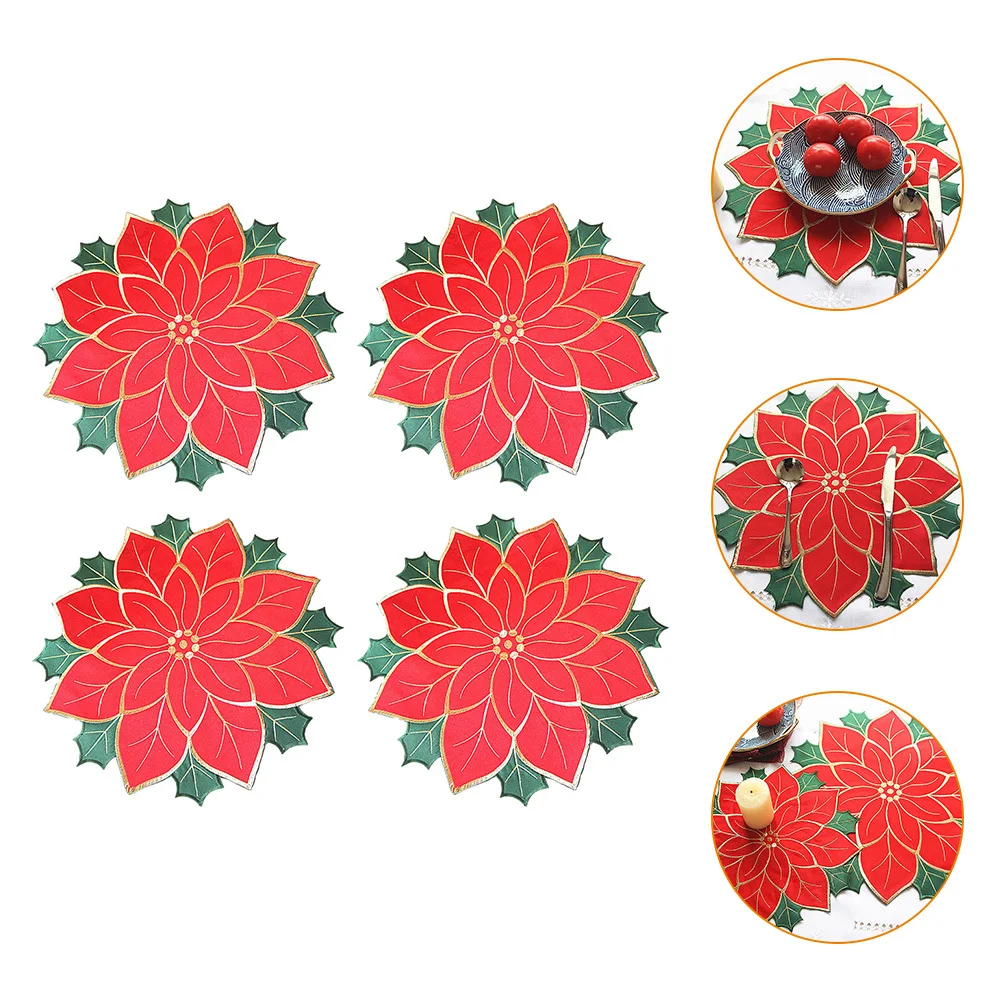 4 Stück Tischset für Teller, Weihnachten, Tischdekoration, Weihnachtsstern, Stickerei, verschleißfest, Esszimmermatte, wiederverwendbare Tisch-Tischmatte