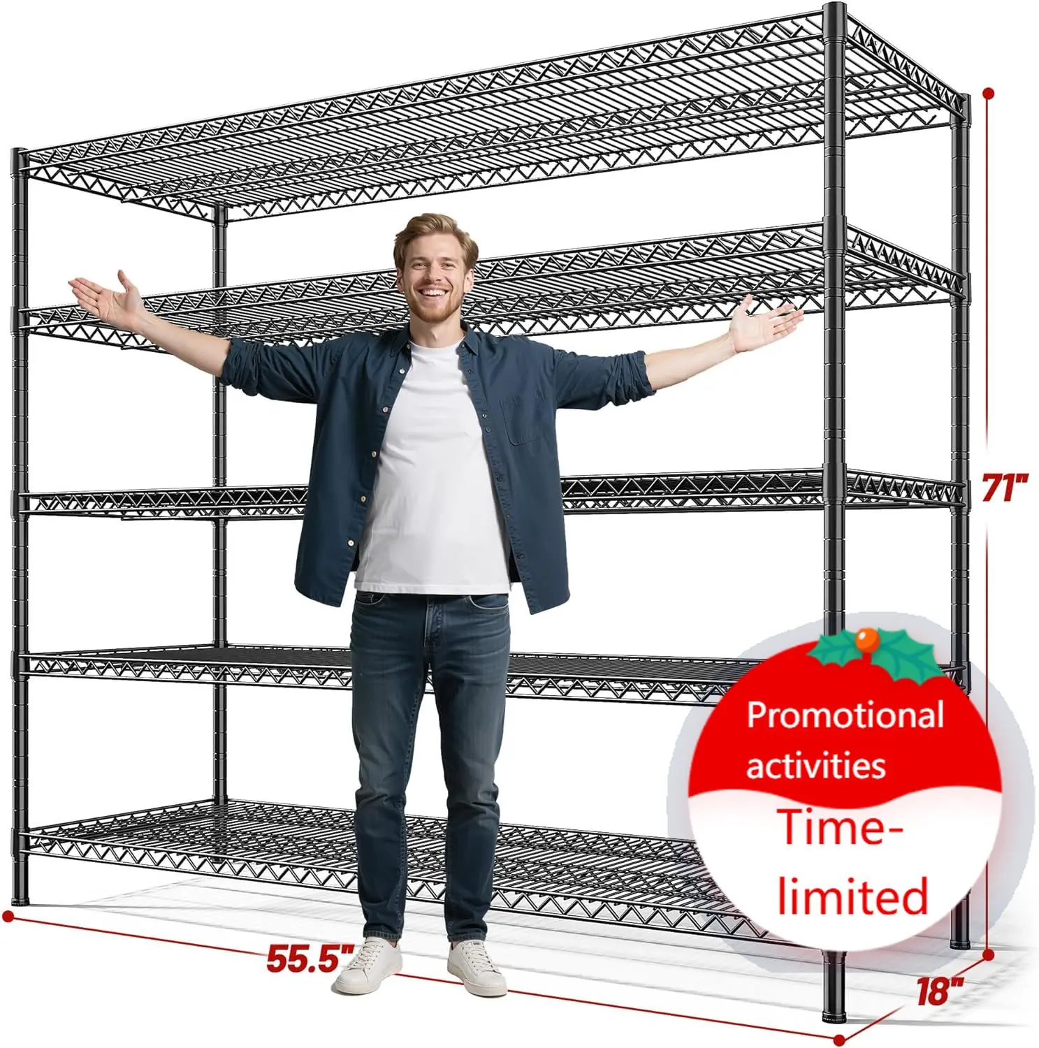 

REIBII 3200LBS Storage Shelves 55.5" W Garage Shelving Heavy Duty 5 Tier Adjustable Wire Shelving Unit Metal Shelving for Garage