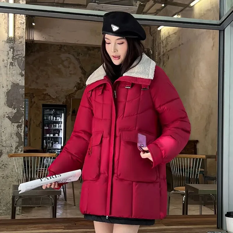 Parka inverno calor jaqueta acolchoada feminina comprimento médio superior casaco de neve plus size solto moda nova