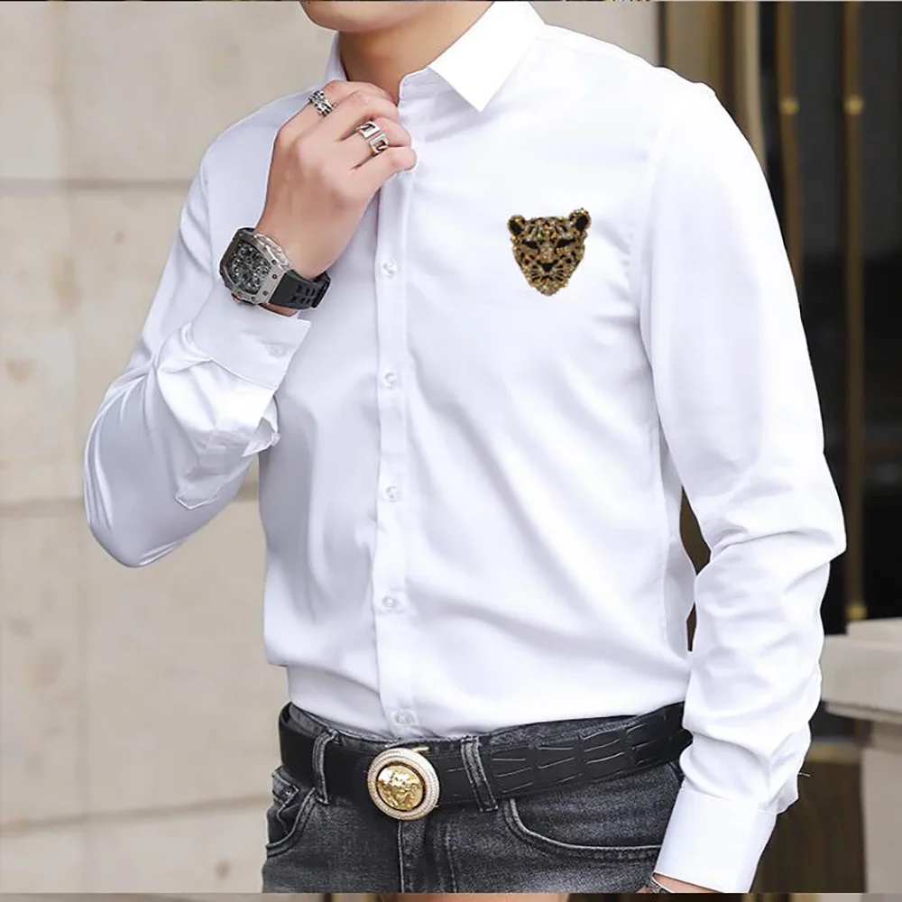 Men Casual Diamond Rhinestone Shirts Cotton Short Sleeve Beach Tops Streetwear Summer Breathable 2023   010