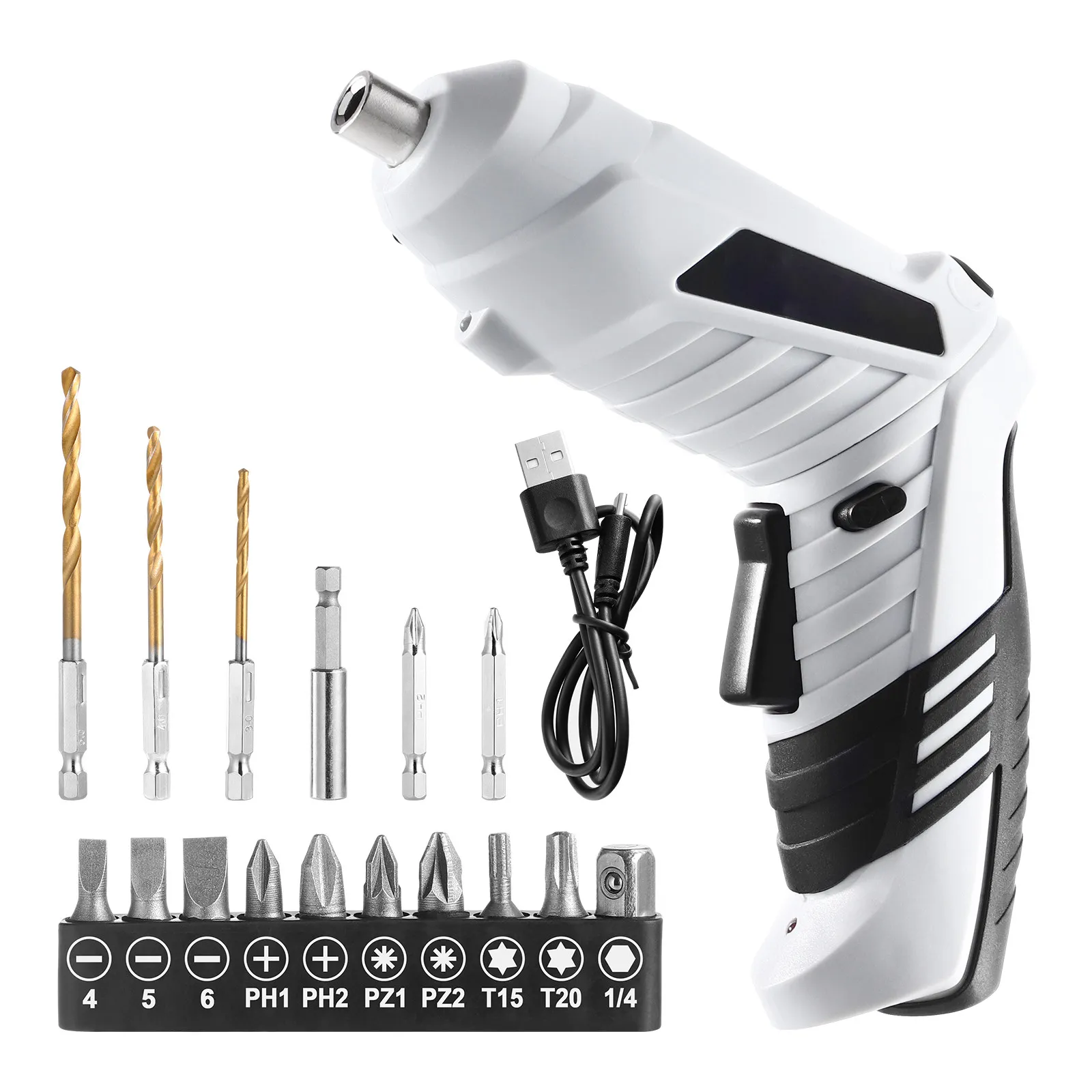 

Набор из 1 шт. перезаряжаемой литиевой электрической отвертки-дрели (мини-дрель) черно-белого цвета с насадками и зарядным кабелем для дома