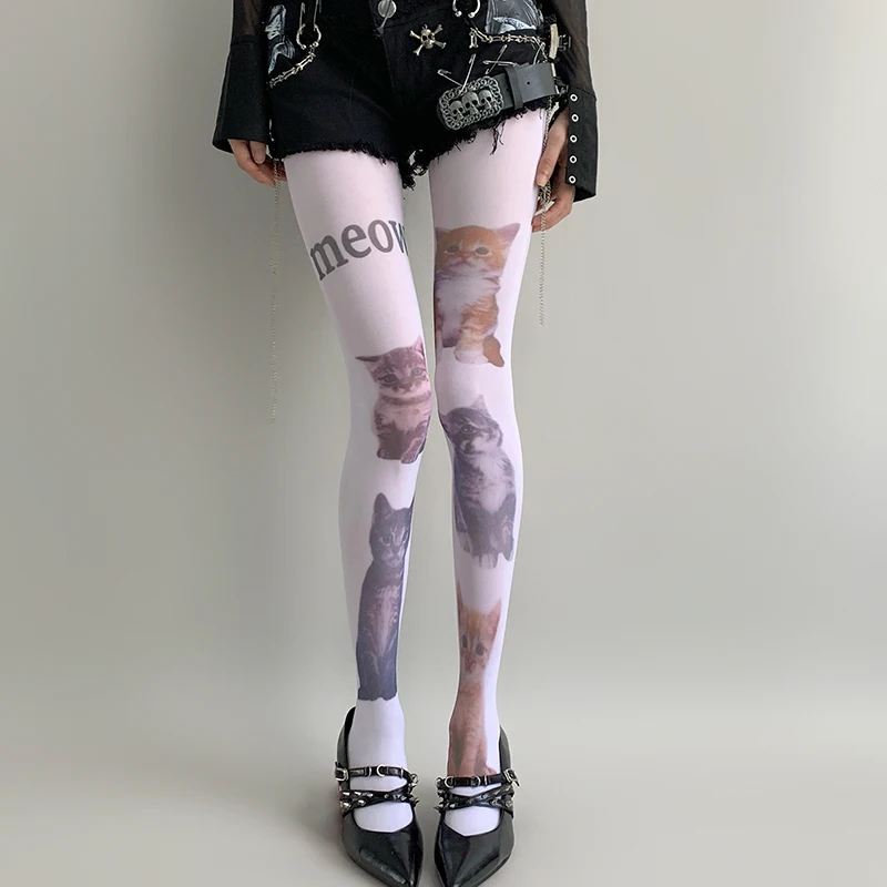 

Kawaii Cat Print Tights Y2K Girls Meow Letter Harajuku Style Socks Cute Cosplay Girls Japanese Thigh Socks Jk Pantyhose