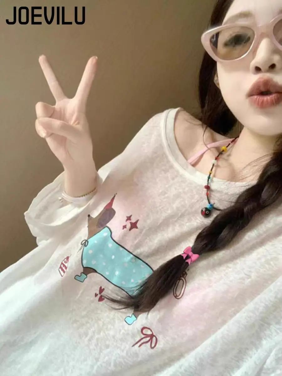 Verão feminino branco puro dachshund impressão solta magro-ajuste manga longa camiseta proteção solar cover-up doce sexy casual preguiçoso topo