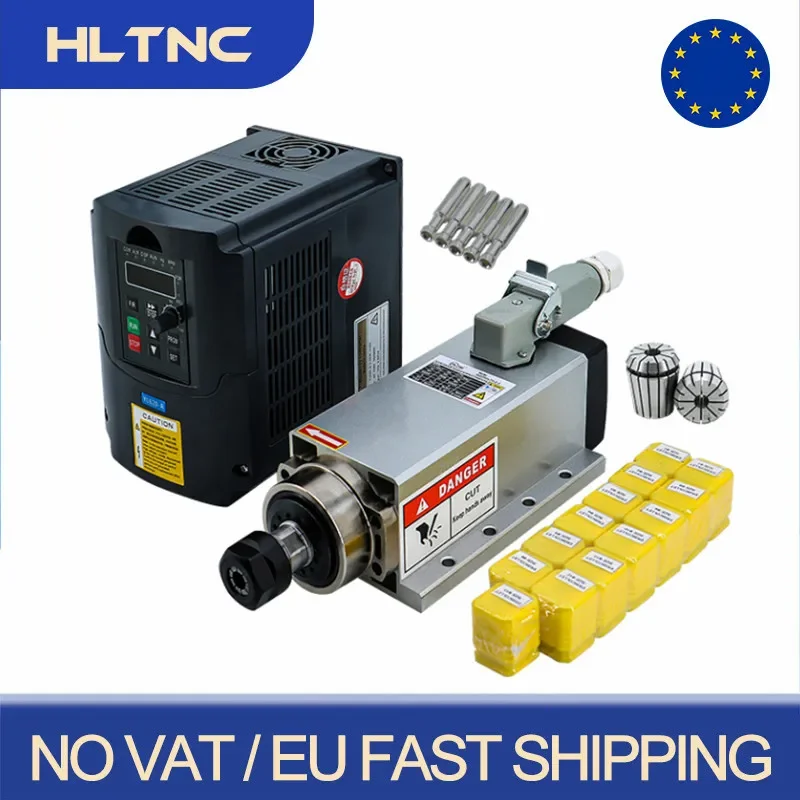 NO VAT EU Shipped CNC Spindle 24000rpm 220V 1.5kw 2.2kw air cooled Square Spindle + AC 200-240V VFD Inverter + ER11 ER20 Collet