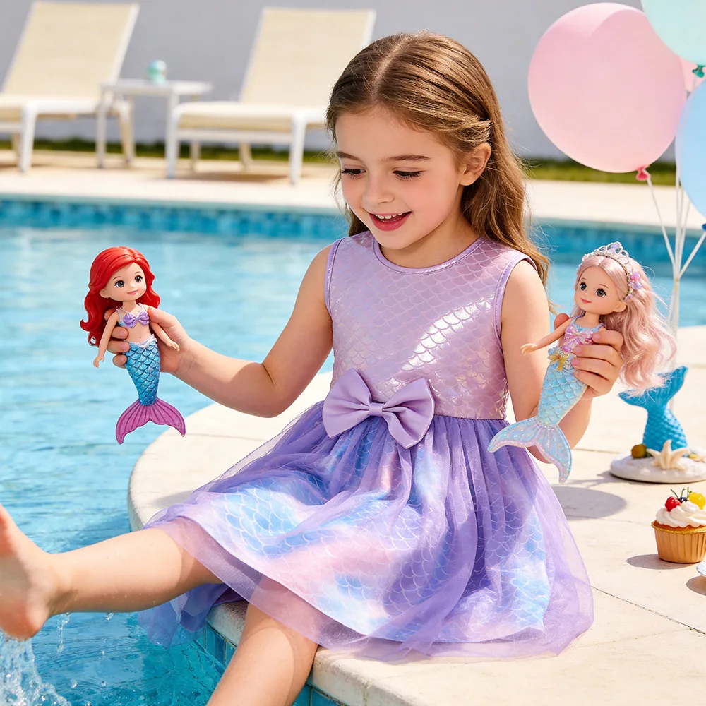 Kinder-Tüllkleid mit Meerjungfrauenschuppen-Print, ärmellos, lila, Prinzessinnenkleid, flauschig, mit Schleifenknoten, Partykleid für Mädchen – Detail 2