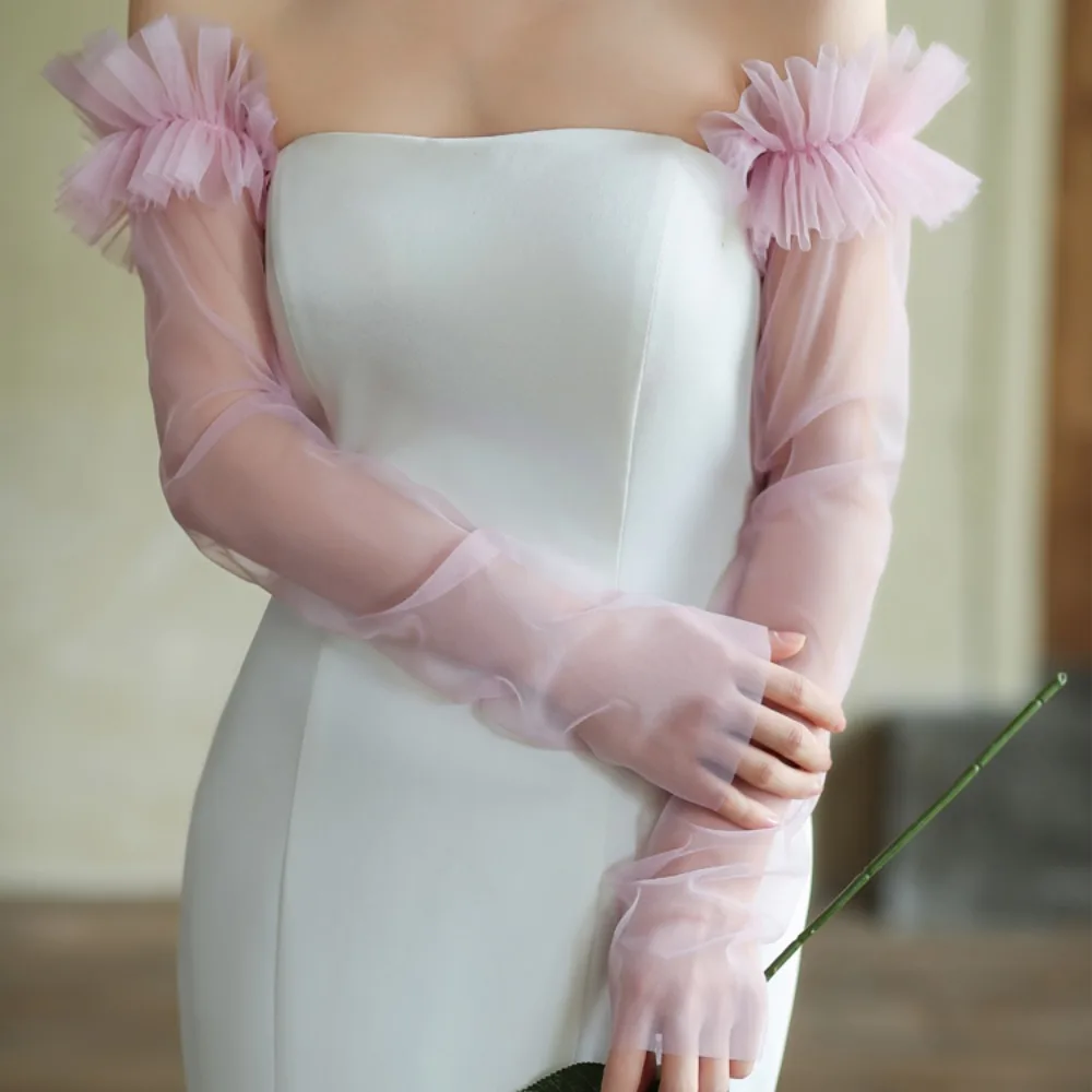 Geschenk Koreanischen Stil Braut Arm Ärmel Einfarbig Garn Hochzeit Lange Ärmel Gaze Atmungsaktive Plissee Spitze Arm Abdeckungen Maskerade