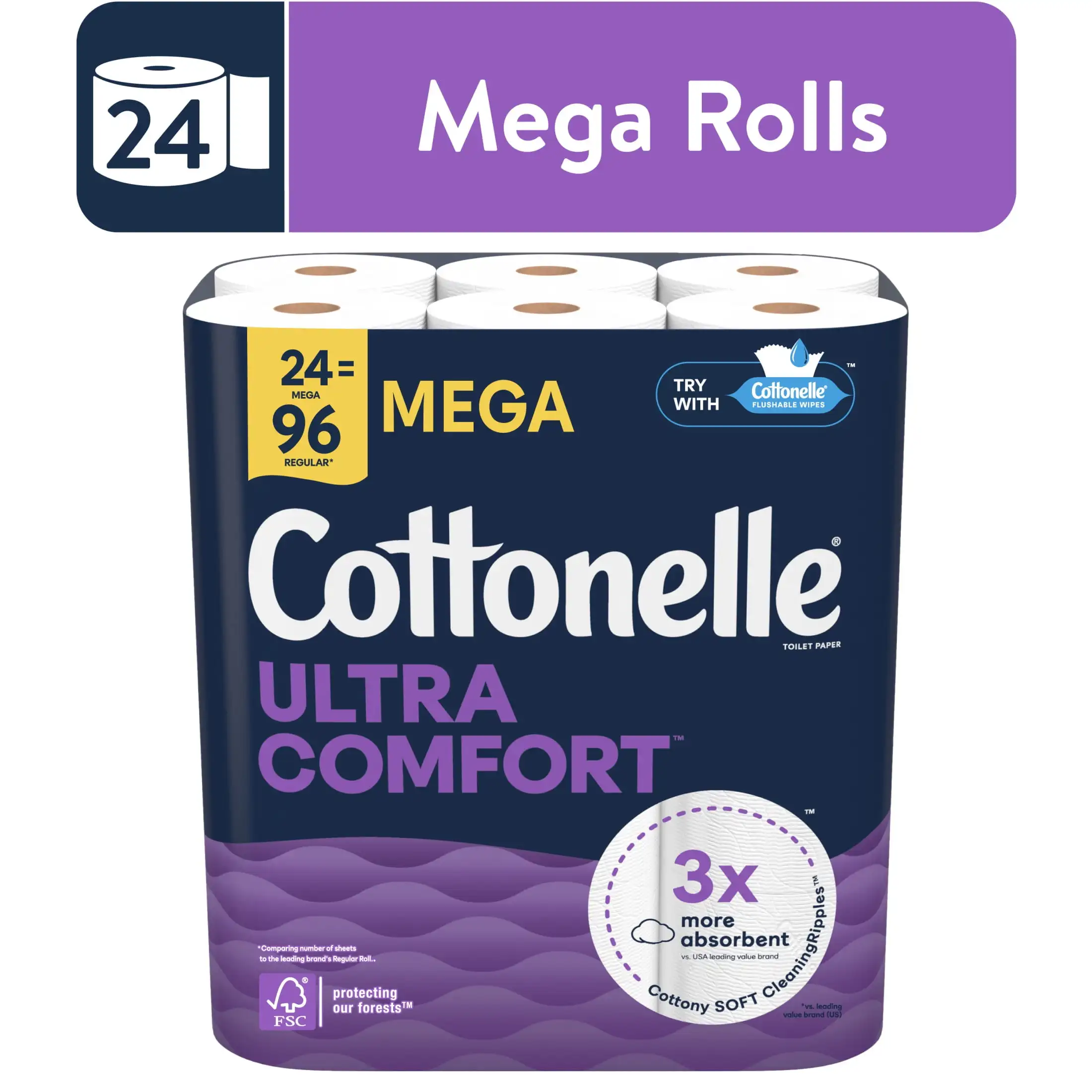 

Ultra Comfort Toilet Paper, Soft Toilet Tissue, 24 Mega Rolls Enjoy superior performance and softness feel comfortable drying