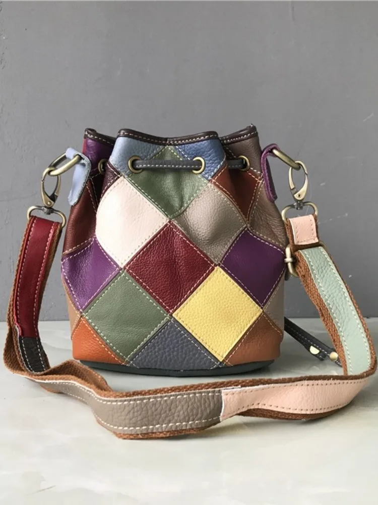 مصمم مختلط الألوان جلد طبيعي دلو حقيبة المرأة خمر عادية واحدة حقائب كروسبودي الرباط حقيبة ساعي الإناث