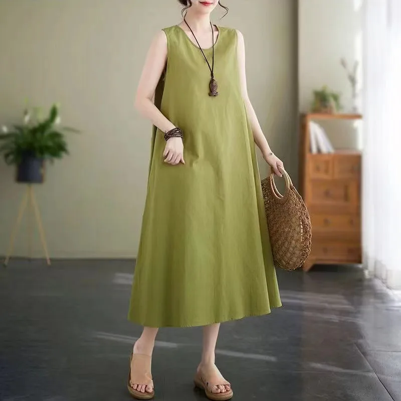 

2025 Summer Sleeveless Cotton and Linen Women's Long Dress O-Neck Solid Dresses Loose A-line Robes High-waisted Sundress
