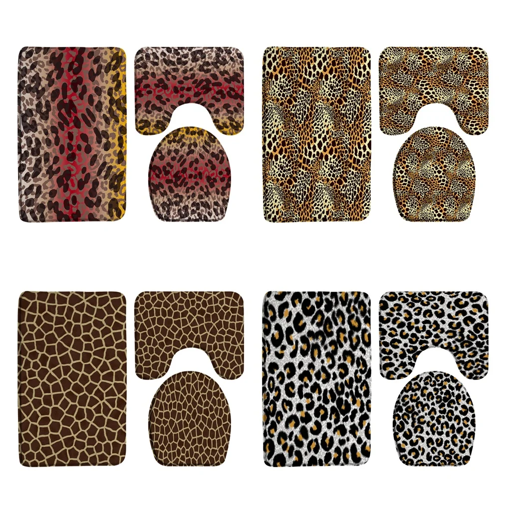 

3Pcs Brown Leopard Bath Mat Sets Wild Animal Fur Fashion Women Girls Home Floor Carpet Bathroom Decor Non-Slip Rug Toilet Cover