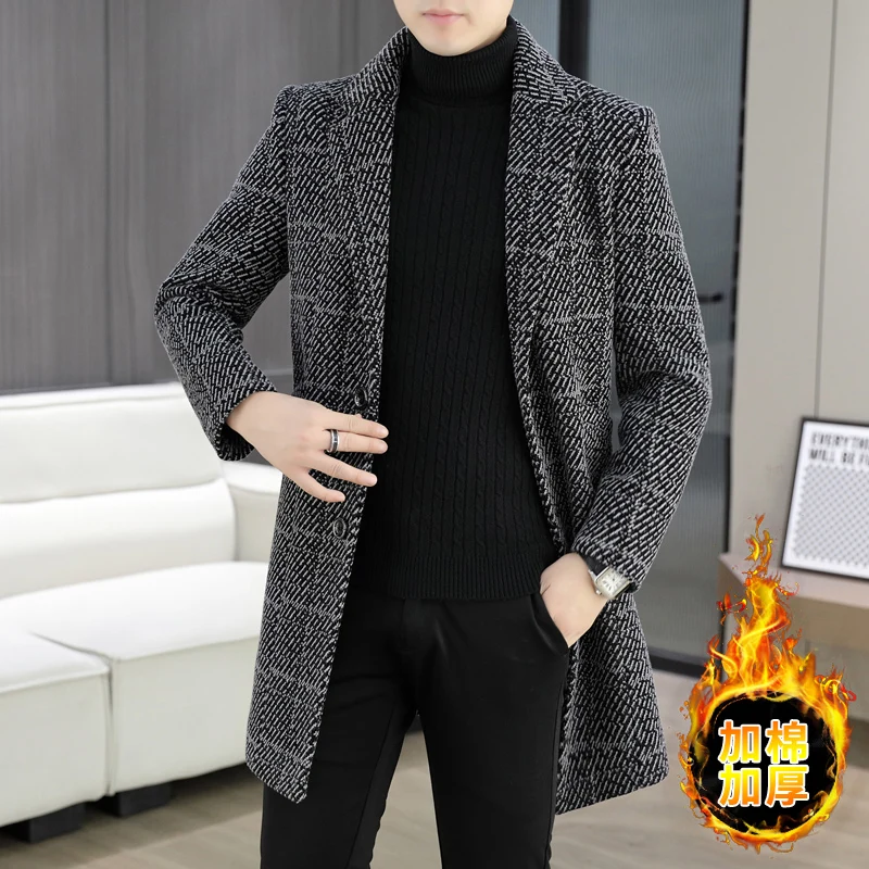 

Fashion Men's Cotton-Thicken Striped Woolen Coats Winter High Streetwear Warm Overcoat Clothing Mid-Length Windbreaker Jackets