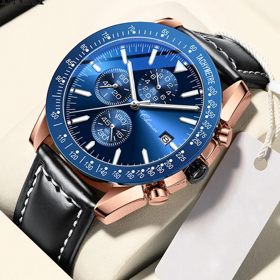 Fashion Business Watch Men Multi-function Chronograph 24Hours Calendar Black Leather Watch Band Silver Blue Quartz Crystal Clock