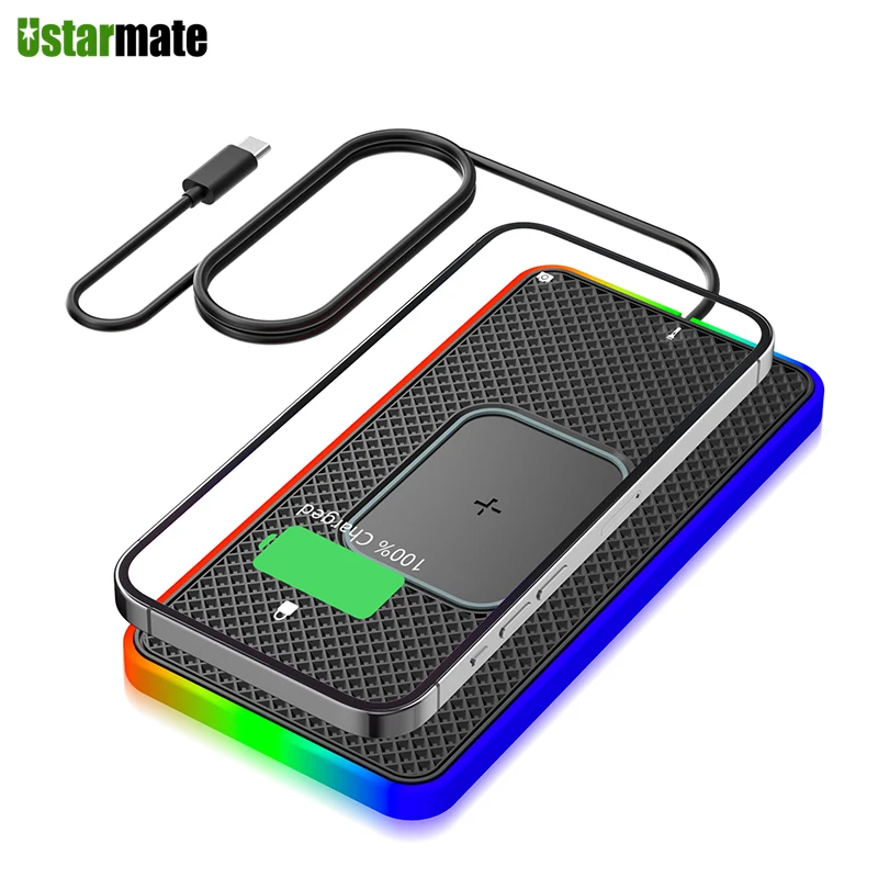 Car Wireless Charger 15W Qi Fast Charging Pad Anti-skid Mat Holder With LED Atmosphere Light For IPhone 13 12 Samsung S22 S23