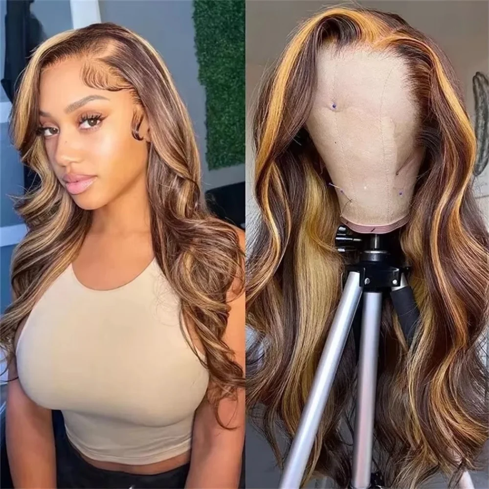 100% Human Hair Ombre Honey Blonde Highlight Wig Human Hair Body Wave 13x6 HD Lace Frontal Wigs 13x4 HD Lace Front Wig For Women