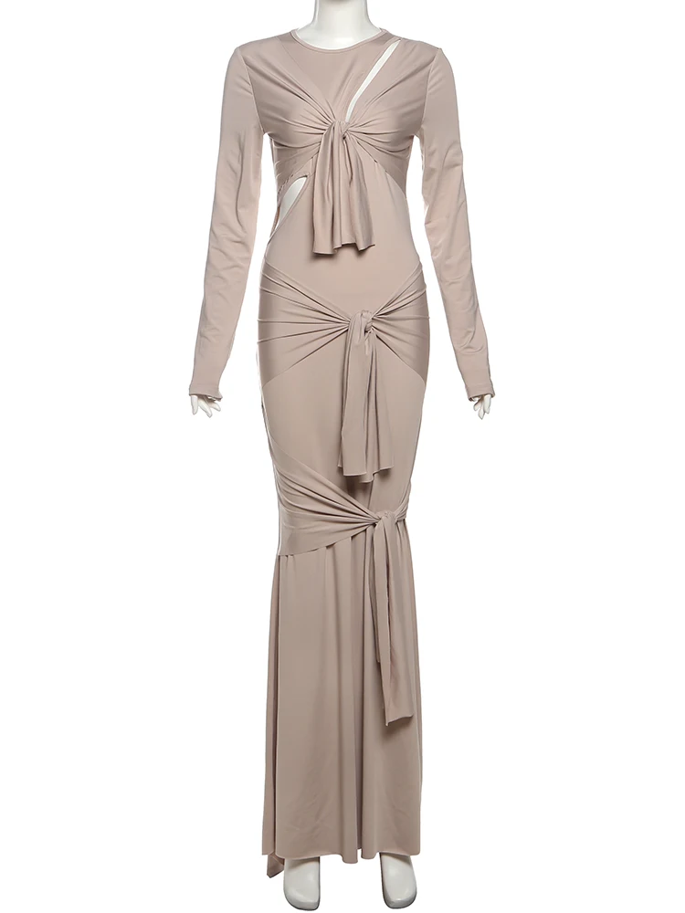 Nibber-maxivestido hueco para mujer, con cordones, borlas, cuello redondo, mangas largas, dobladillo grande, ajustado, elástico, liso, elegante, para banquete