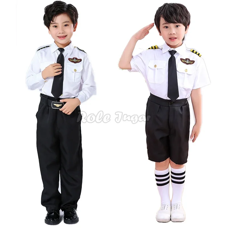 Kids Boys Girls Air Force Flight Attendants Uniform Cosplay Costumes Kindergarten Children\'s Day Pilots Performance Sets