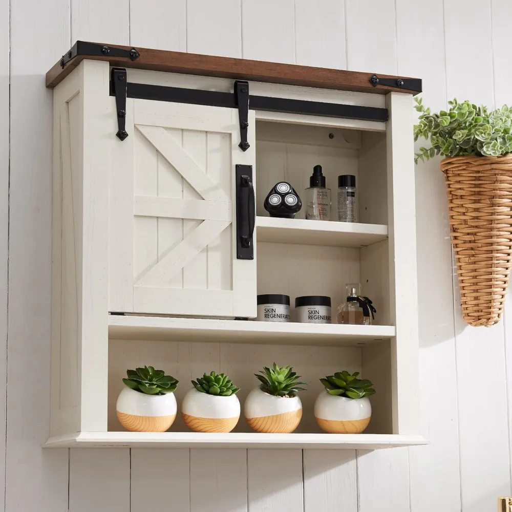 Bathroom Wall Cabinet, Farmhouse Medicine Cabinet with Sliding Barn Door & Adjustable Shelves, Storage Cabinet Wall Mounted