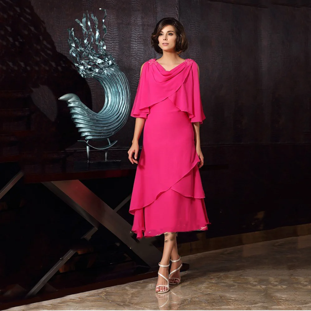 

Mother Of The Bride A-Line Dress Half Sleeves For Wedding V-Neck Ruffles Simple Chiffon Vintage For Women Evening Gowns 2023