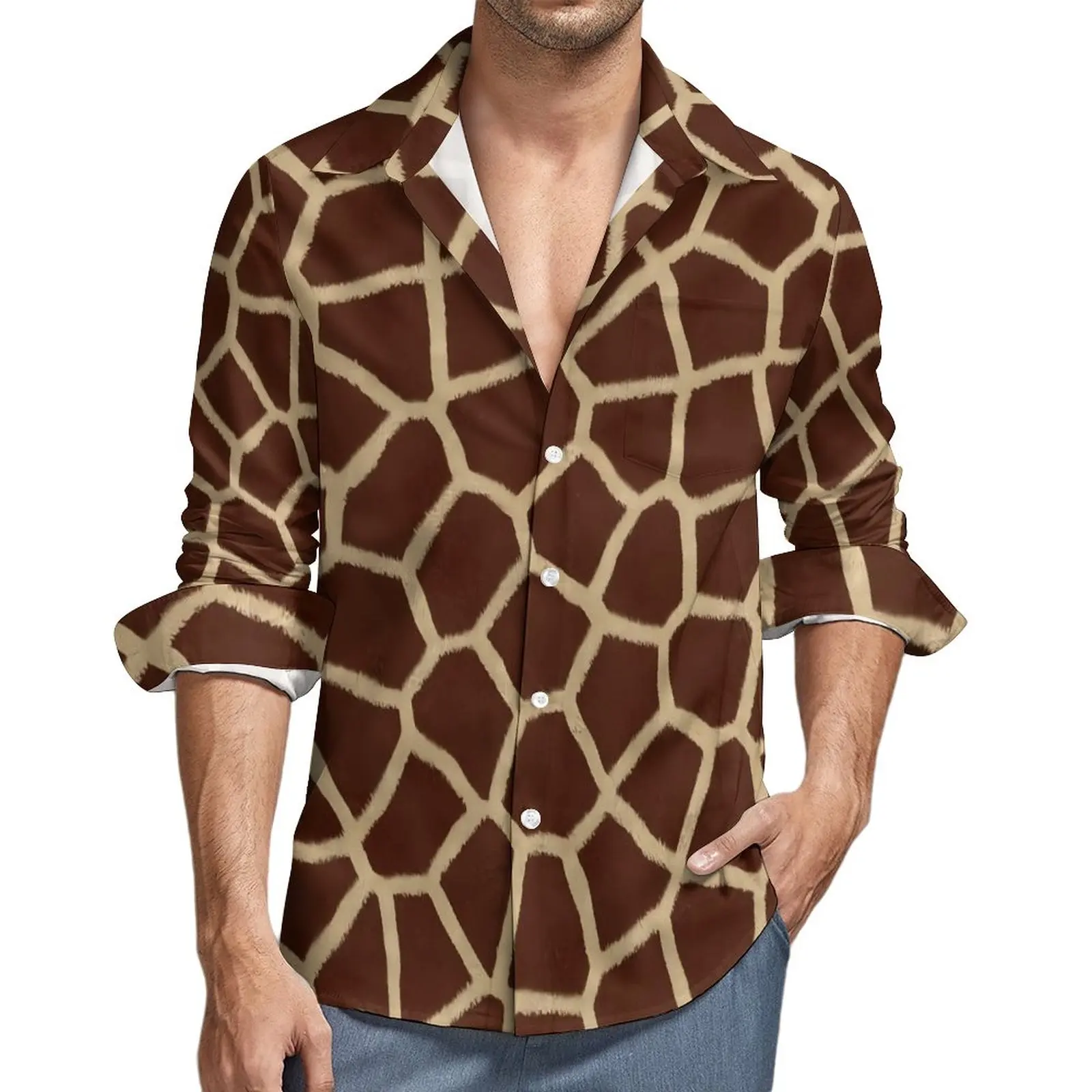 

Brown Giraffe Shirt Men Animal Print Casual Shirts Autumn Aesthetic Blouses Long Sleeve Fashion Oversize Tops Birthday Gift