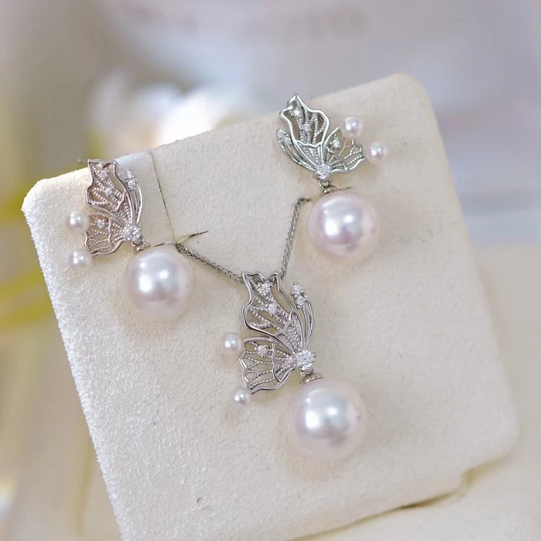 Butterfly 925 Silver Pendant Earrings Set Base Mounts Findings Mounting  Jewelry Set Parts Fittings for 3-4mm 11-12mm Pearls