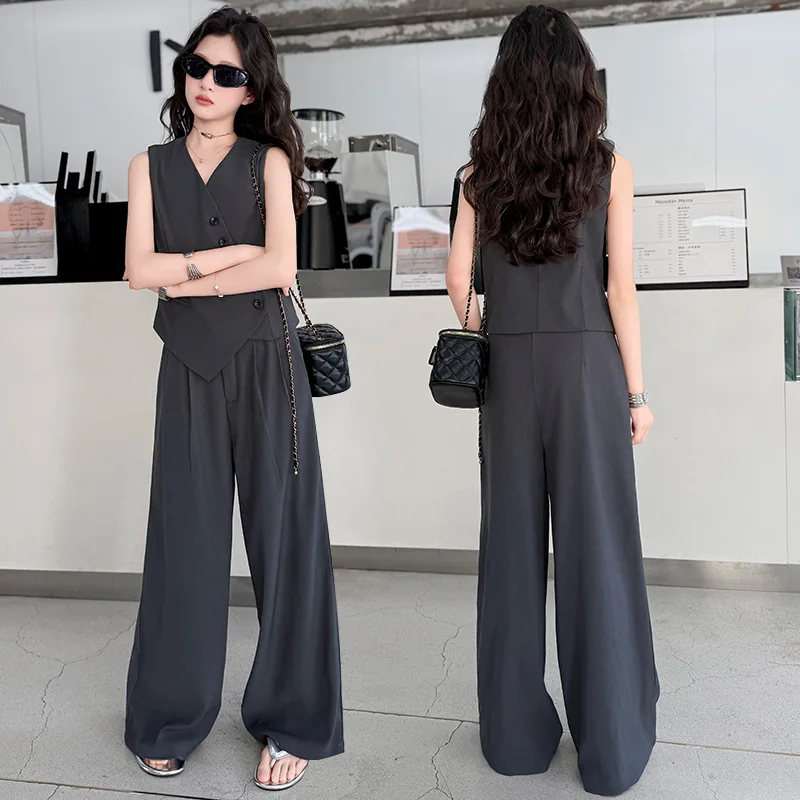 

4-14 French design teen girls gray Suit clothes set Irregular suit vest+Wide leg pants 2pcs junior kids sets child outfits