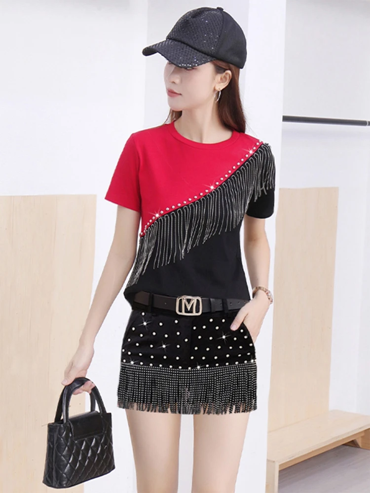 

Летняя корейская футболка с короткими рукавами и шортами с заклепками и кисточками, инкрустированная бриллиантами, комплект из двух предметов, новинка 2025, стильная модная женская одежда
