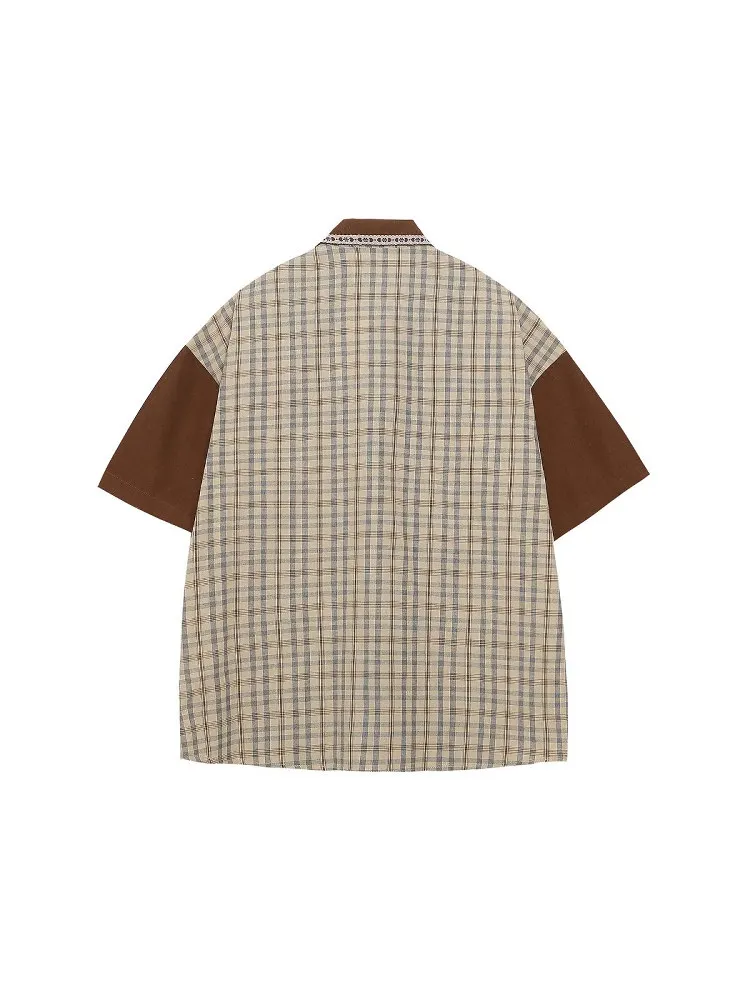 Summer New Japanese Retro Style Men's Coffee Plaid Cartoon Dog Patch Loose Casual Daily Lapel Short Sleeve Shirt
