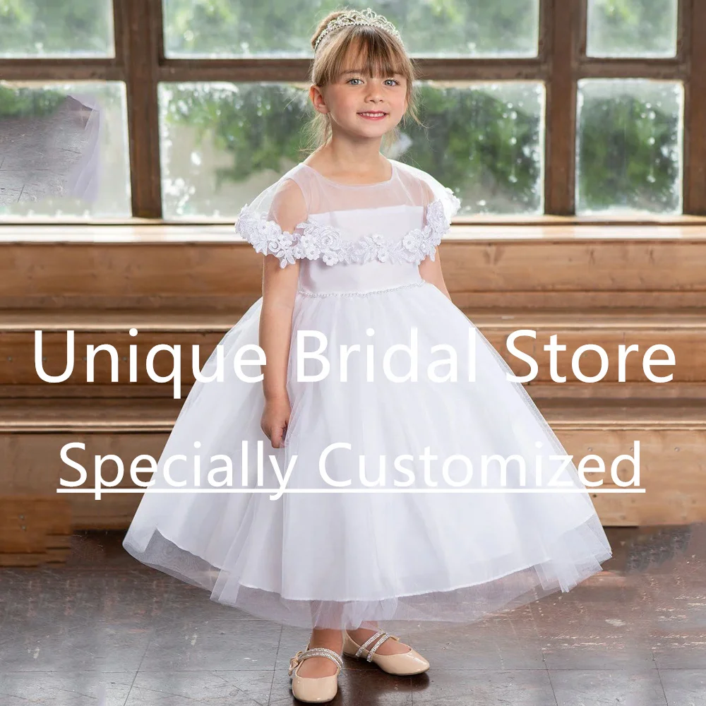 Classic Flower Little Girl Dress Baby Dresses Elegant A-line Scoop Neck White Tulle Short Sleeves Kid Evening Party Gowns