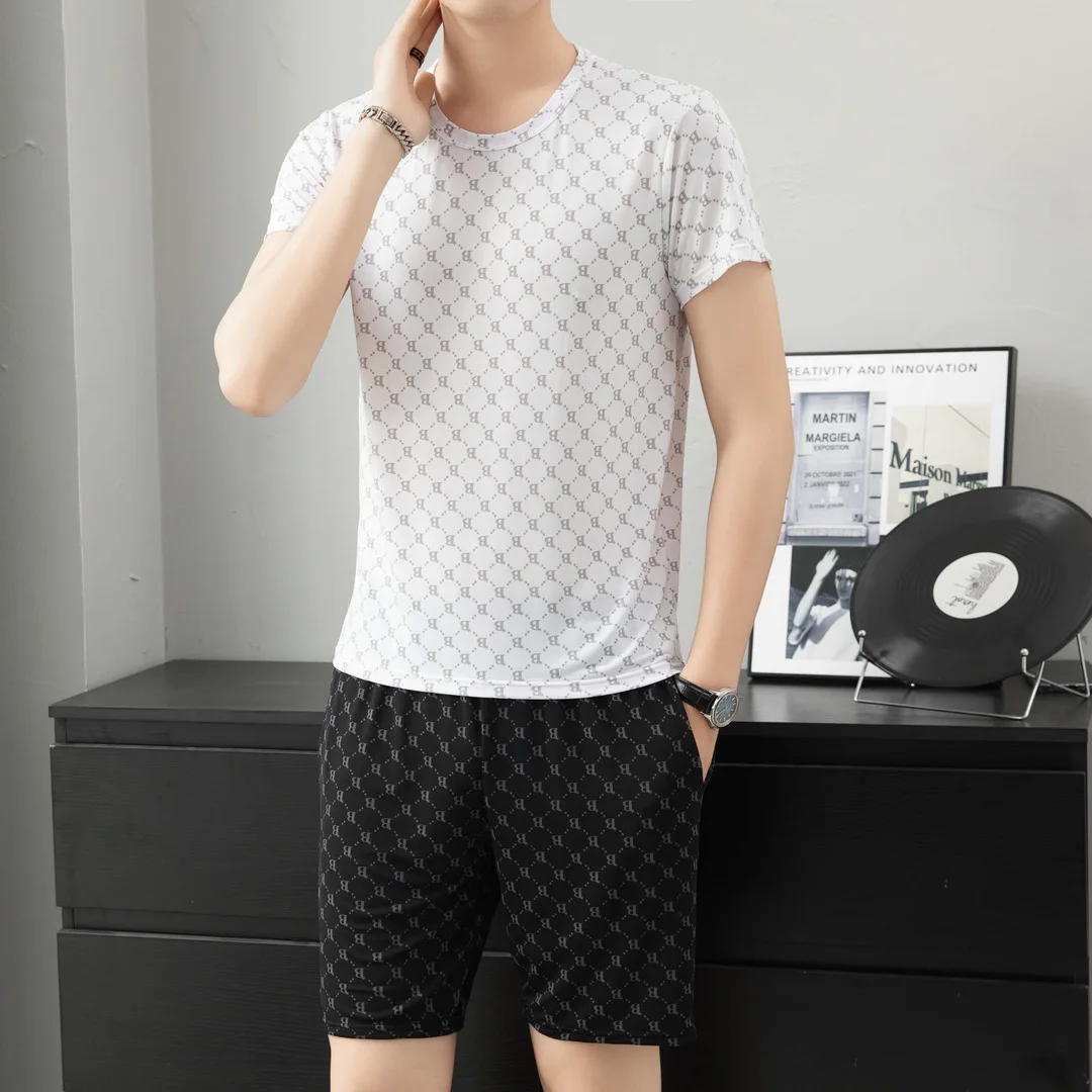 Summer Short-Sleeved T-Shirt Pajamas Pajama Pants Tops Shorts Men\'s New Ice Silk Letters Homewear Casual T-Shirt Shorts