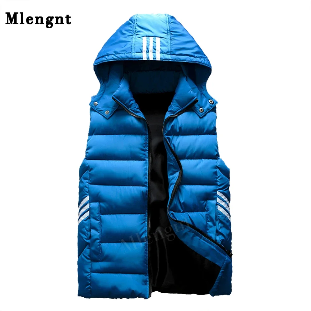 Winter Men Vest Simple Solid Thermal Sleeveless Jacket Hat Detachable Fashion Stripe Coats Windproof Thicken Unloading Waistcoat