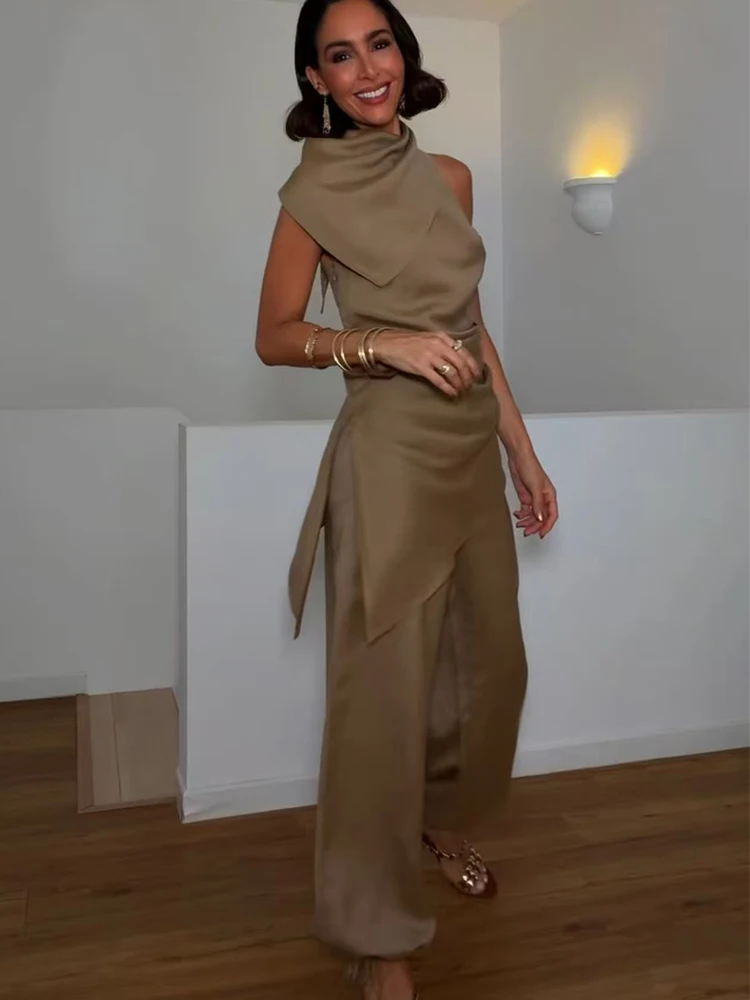 Damen-Hosenanzüge: Neues elegantes Sommer-Set 2026 mit unregelmäßigem ärmellosem Neckholder-Top und beinbündelnder Hose – Modisches Damen-Set in Unifarben