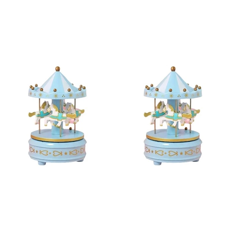 2Pcs Luxury Carousel Music Box 4 Horses Rotate Rotation Romantic Luxury Carousel Toys Handwork Music Box Gifts Blue