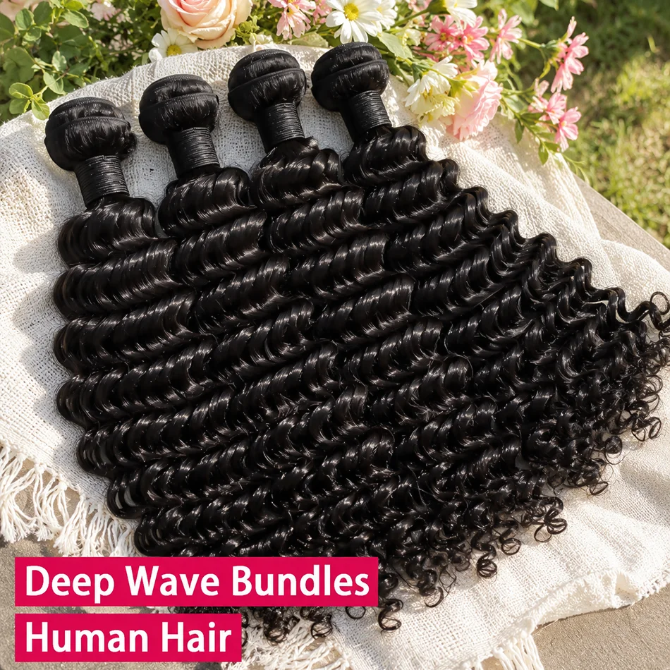 

30 32 Inch Deep Wave Human Hair Bundles Curly Hair Double Weft Virgin Hair Extensions Unprocessed Brazilian Virgin Hair Weave 3 Bundles Raw Human Hair Bundles