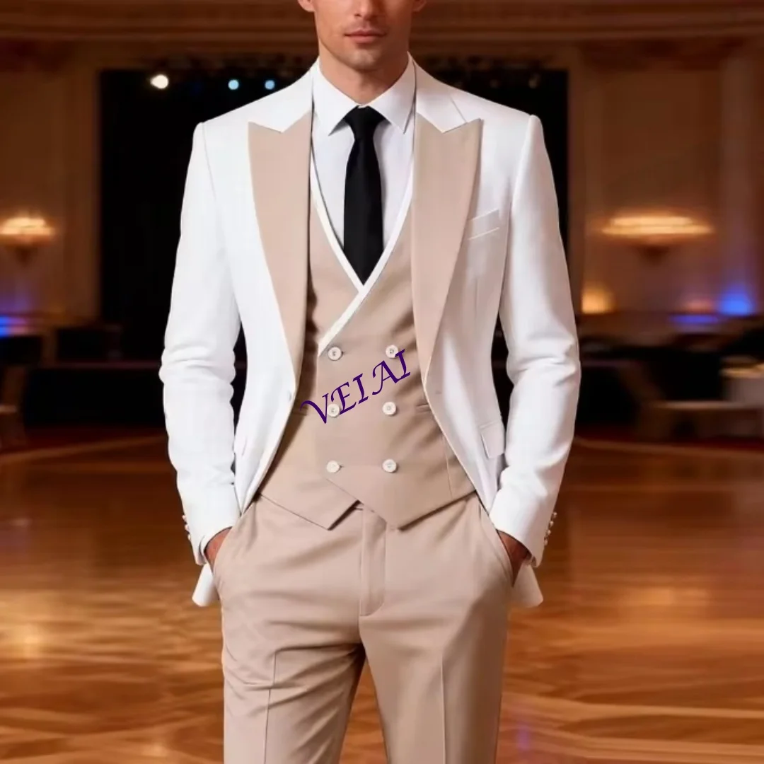 

CustomizedNew White And Beige Men Suit Wedding Party Formal Groom Groomsman Prom Business Male Tuxedos 3 Piece Set Jacket Vest P