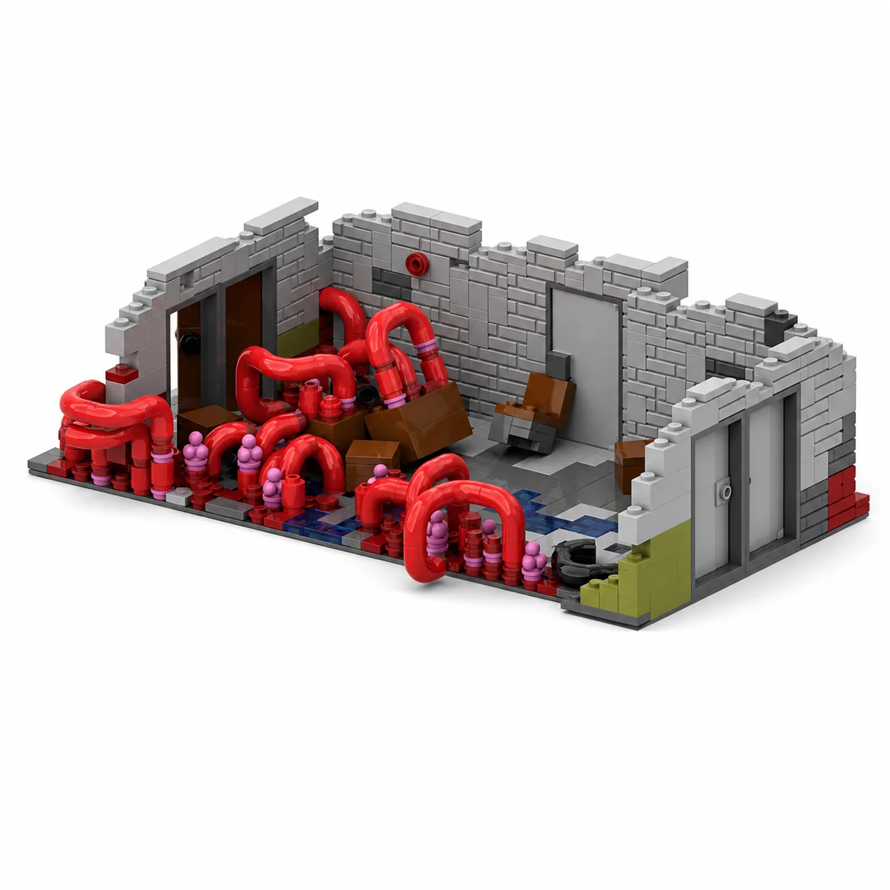 MOC Post-Apocalyptic Ruined Building Building Blocks Red Fungal Growth Scene Bricks Set Wasteland Model Assembly Kit Gift