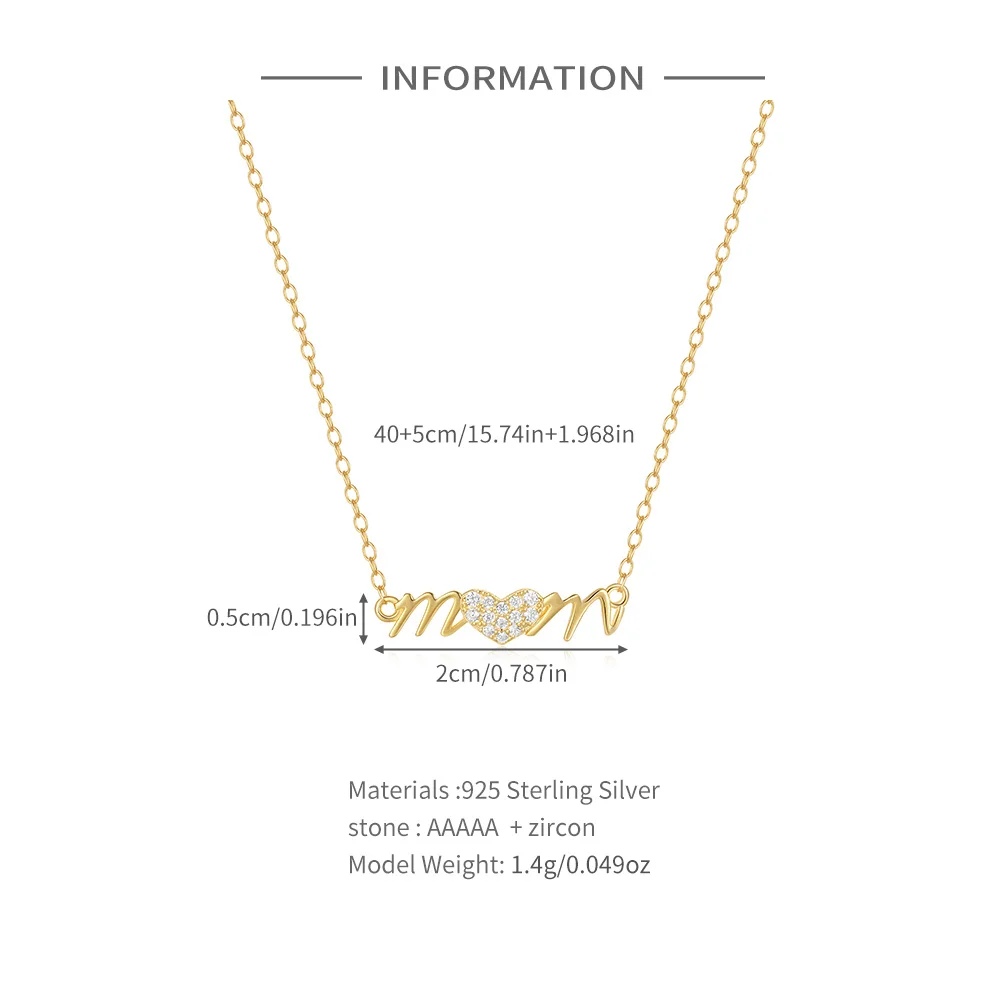 MC S925 Sterling Silver Mom With Heart Inlaid Zircon Pendant Necklace For Women 18k Gold Chain Letter Jewelry Mothers Day Gifts