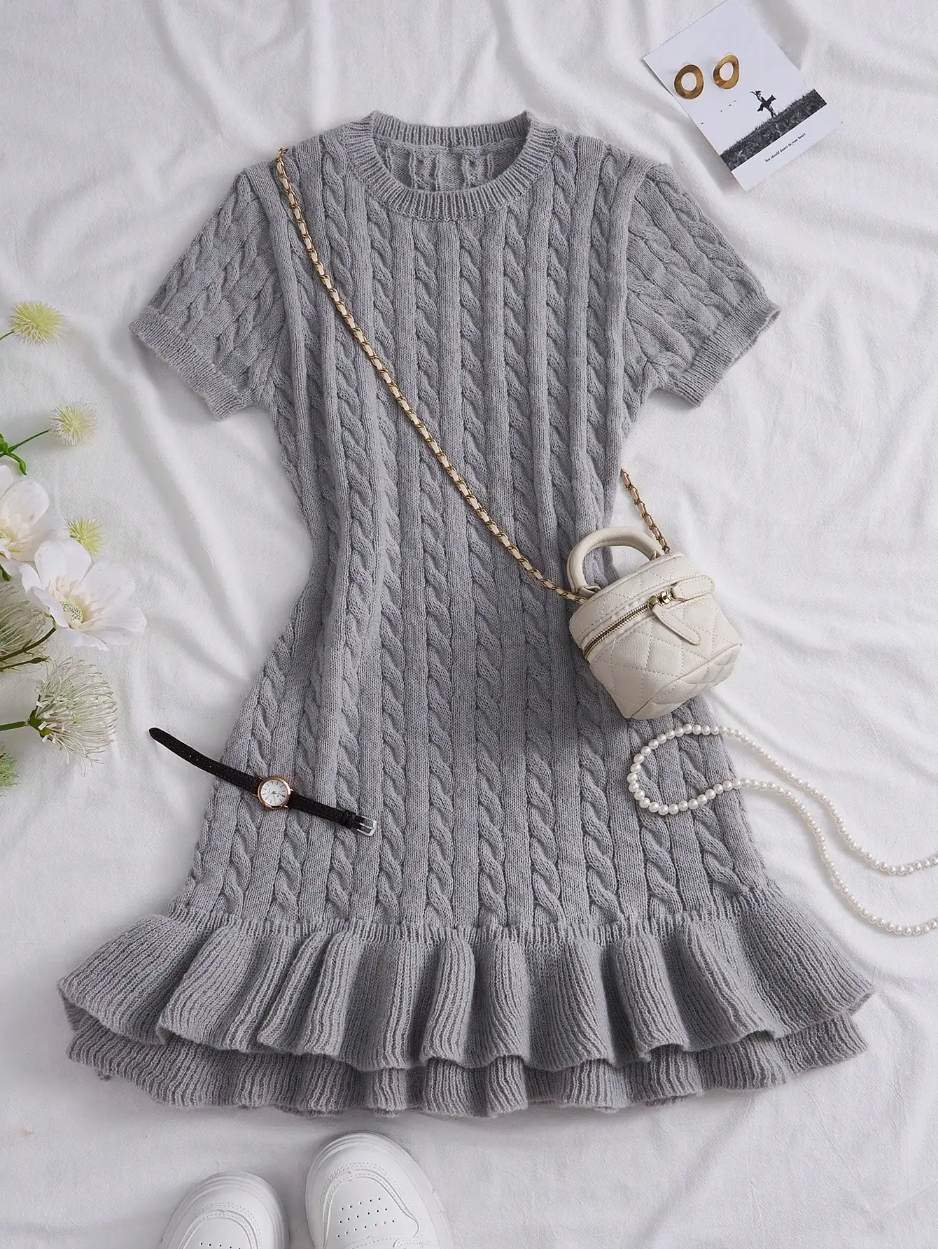 

Women's Solid Gray Cable Knit Ruffle Hem Dress, Round Neck Short Sleeve, Casual Autumn Style