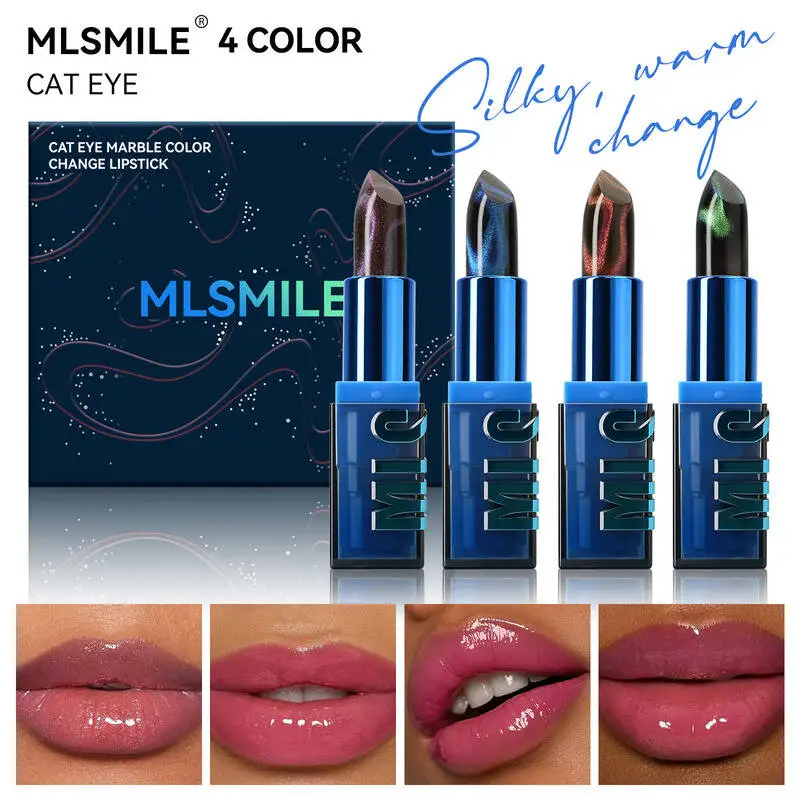 MLSMILE Set di rossetti Cat Eye Mille colori Shimmer Tazza antiaderente Balsamo per labbra che cambia colore 4 pezzi