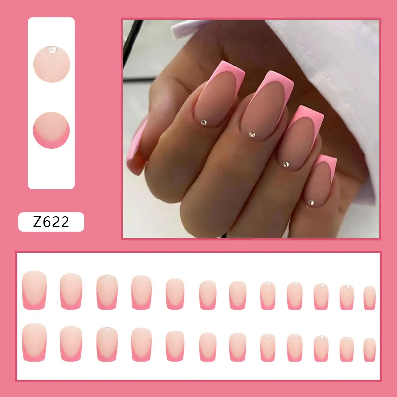 24pcs Simple French Rose Pink Rhinestone Frosted Sweet False Nails Set with Glue Artificial Cheap Fake Press on Nails for Girls