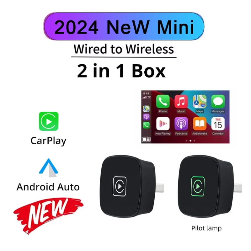 

2 in 1 AI Box Mini Adapter Wired to Wireless Carplay&Android Auto Plug and Play WiFi Smart Dongle Compatible with 99% Cars