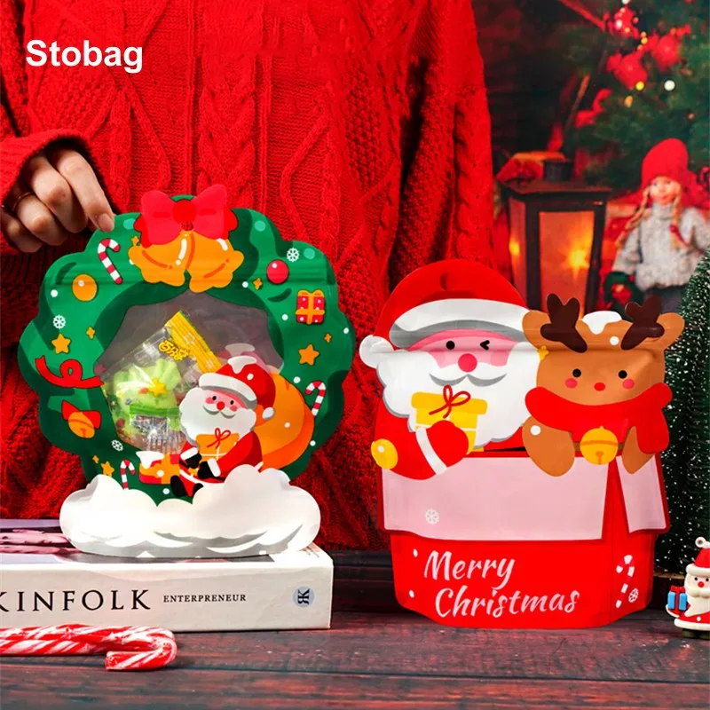 StoBag 50pcs Merry Christmas Gift Ziplock Bag Candy Packaging Cookies Snacks Kids Child Cute Reusable Pouches Party Favors