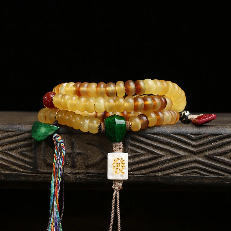 Golden Tortoise Bead 108 Buddha , Multi-loop Bracelet with Red Agate and Patterned Beads