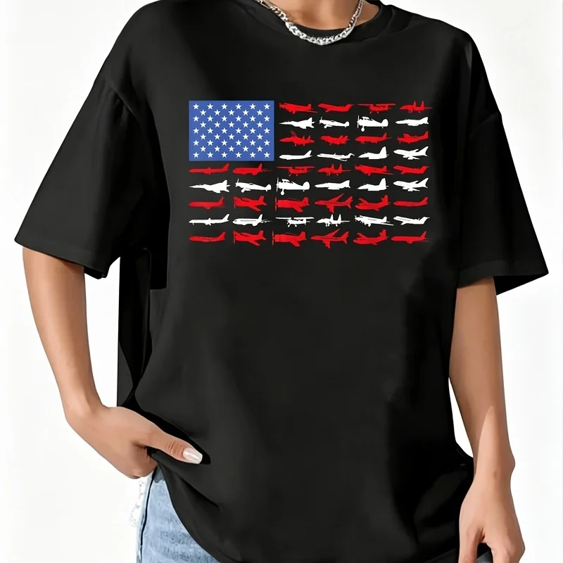 Pilot Airplane American Flag Planeation Short Sleeve Women's 100% Cotton T-Shirt Short Sleeve Top Casual Round Neck Fun Print Tee S-5Xl