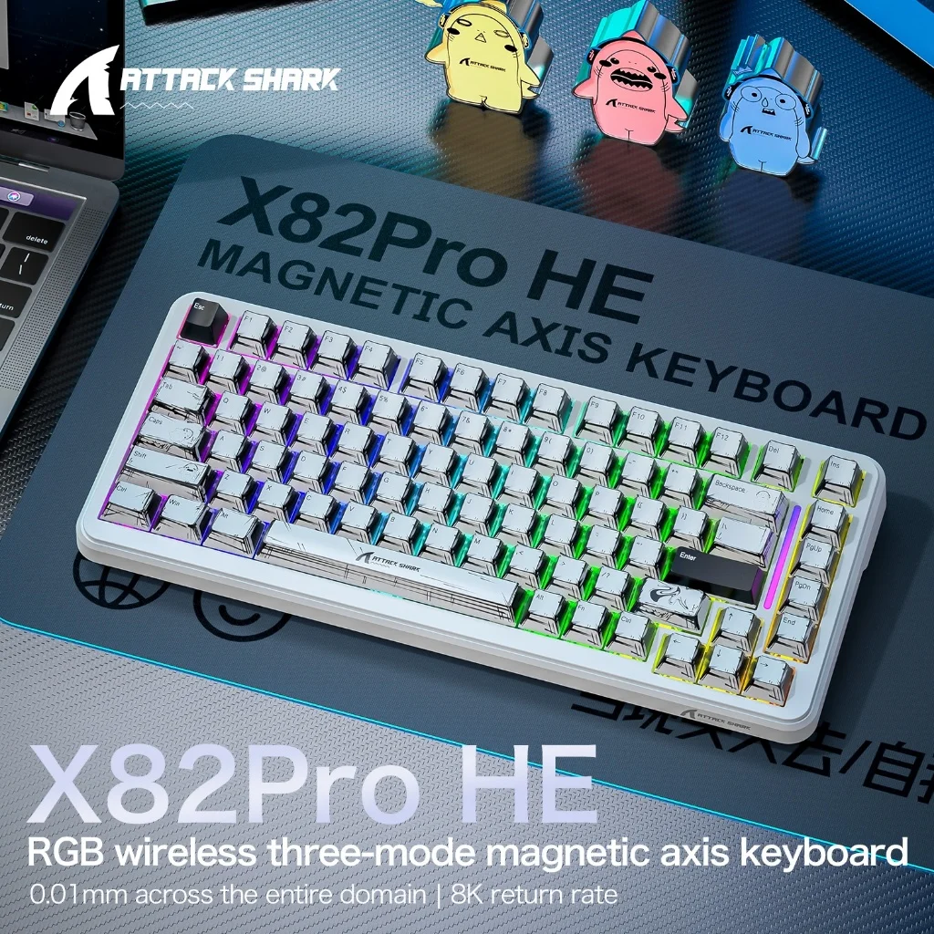 어택 샤크 X82Pro HE 무선 마그네틱 축 게이밍 키보드 8KHz 속도 0.01mm RT 정밀도 5000mAh 트라이 모드 RGB 82키 PBT