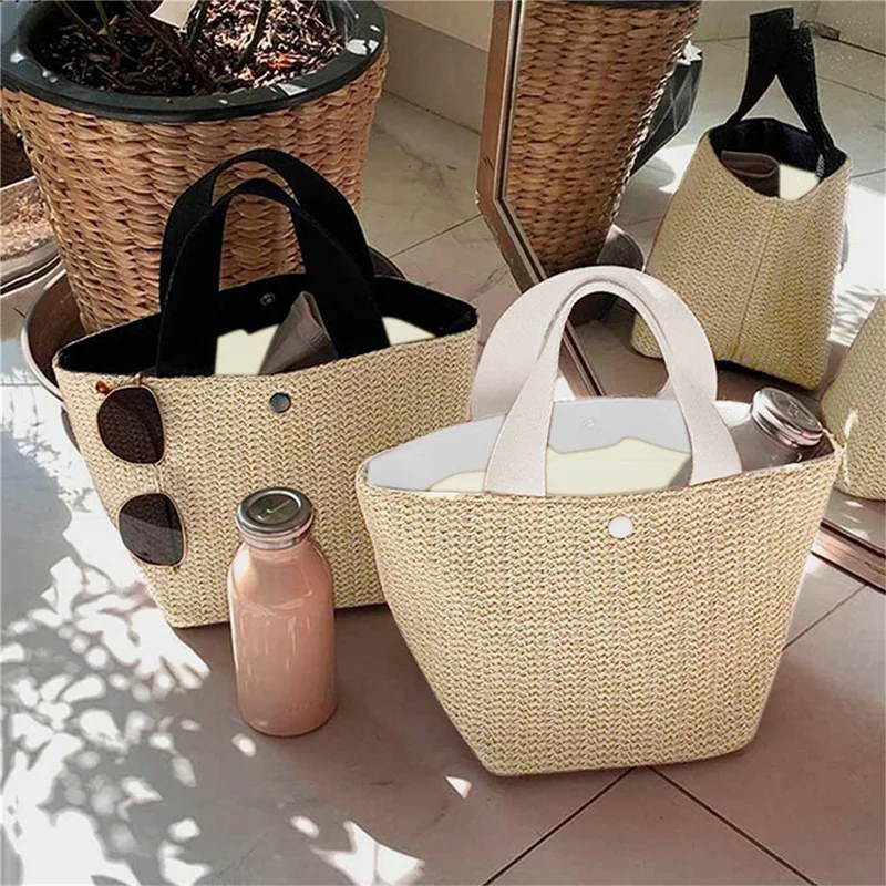

Модная соломенная сумка, женская тканая пляжная сумка, повседневная сумка-саквояж на кнопках, маленькая плетеная сумка на плечо для путешествий, пляжной поездки