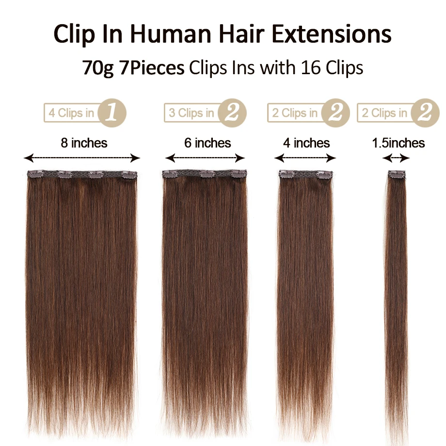 Real Hair Extensions Clip In Natural Remy Human Hair Seamless Straight Clip Ins Human Hair Extensions For Women Chocolate Brown