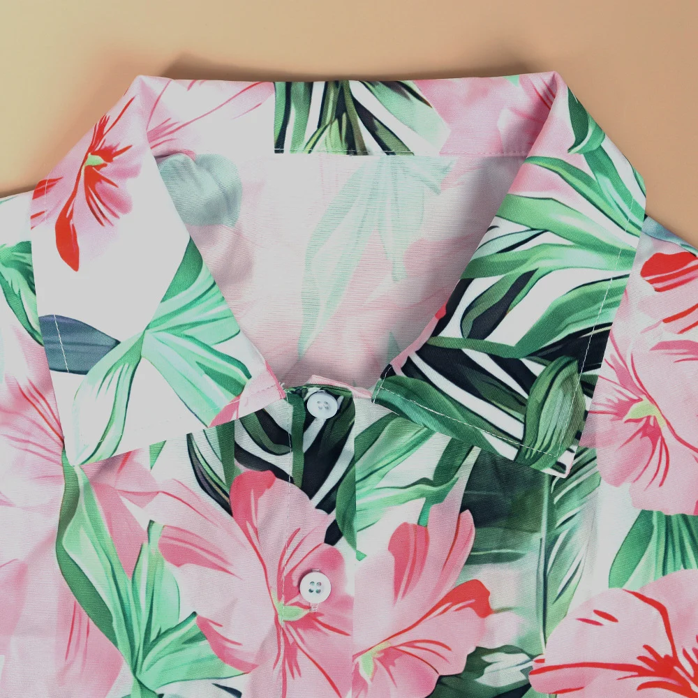 Women Summer Leaves Elegant Floral Shirt Summer Hawaiian Short Sleeve Oversized Shirts Printing Vacation Style Custom Camisa