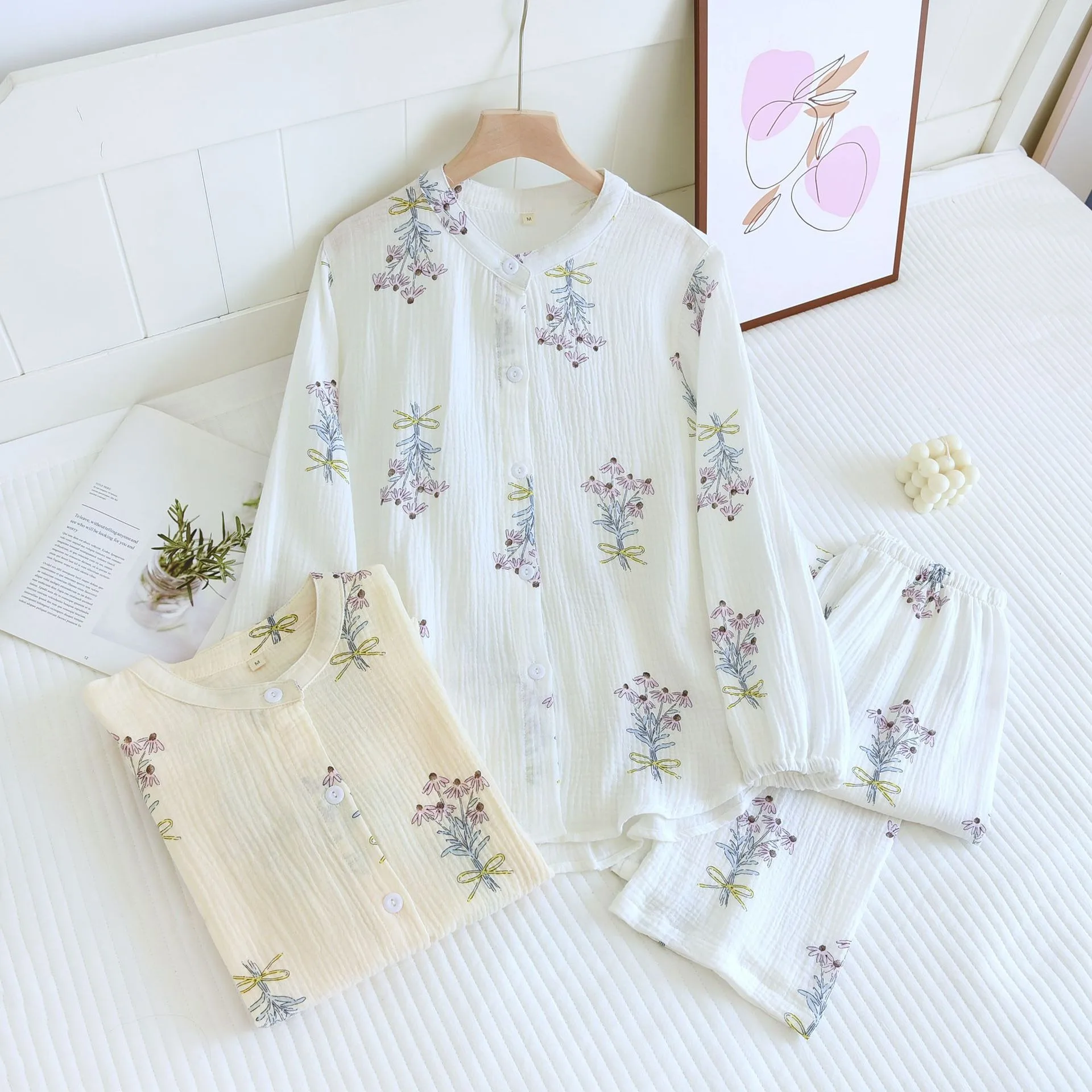 Spring Autumn New Pajama Set Women's 100% Cotton Crepe Daisy Bouquet  Cardigan Cute Sweet Long Sleeve Pants Two Piece Home Suit