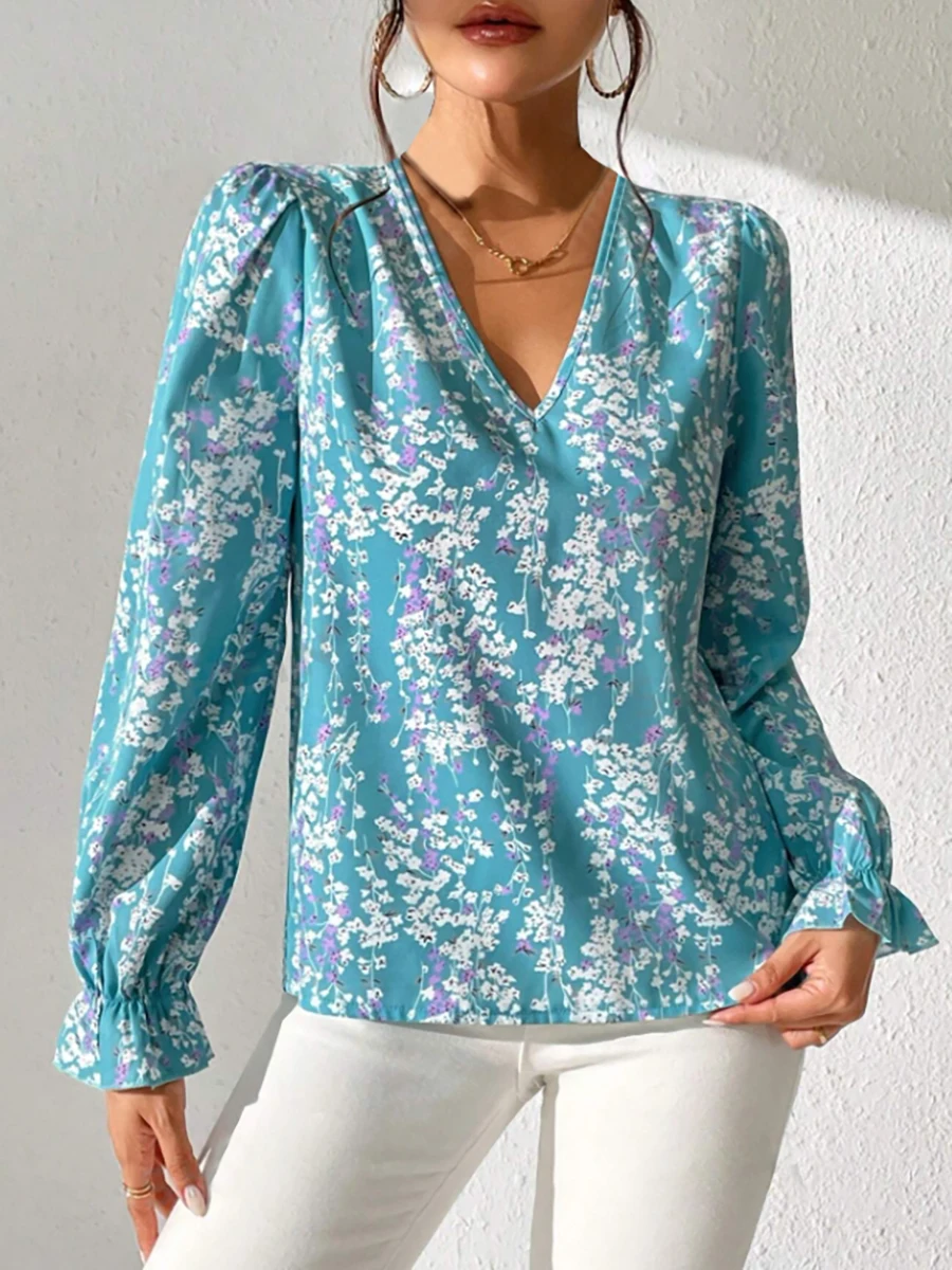 

Женская блузка на весну-лето, бирюзовая, с цветочным принтом, V-образным вырезом, пышными длинными рукавами, элегантная повседневная блузка для отпуска, на День святого Валентина