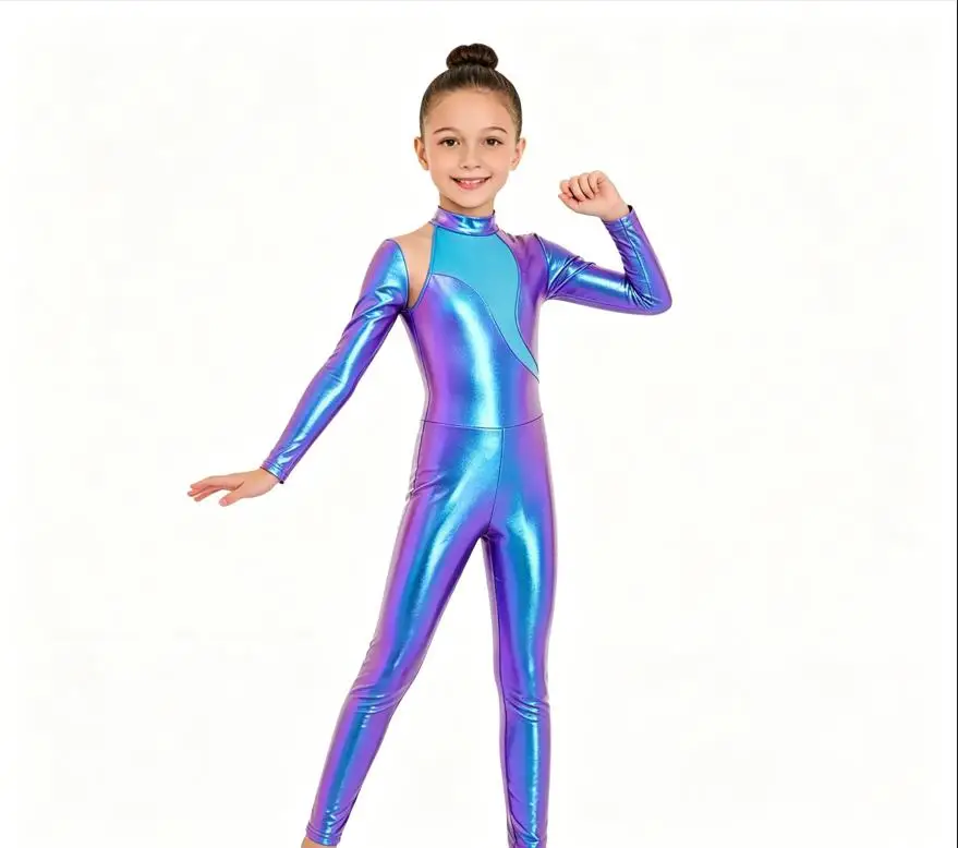 Toddler Girls Long Sleeve Metallic Mesh Bodysuit Shiny Jumpsuit Ballet Jazz Gymnastics Figure Skating Dance Performance Costume